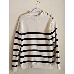 KIRUNDO Women’s M Cream Black Striped Mock Neck Sweater Button Shoulder